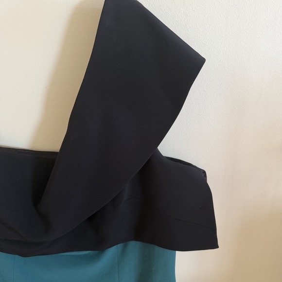 ML Monique LHuillier Off-Shoulder Midi Dress Green Black Sz 14  EUC Classic Mini - Picture 10 of 16